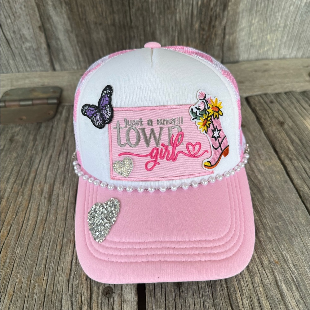 Pink Checker Trucker Hat Just A Small Town Girl Pearl Hat Chain Western Country